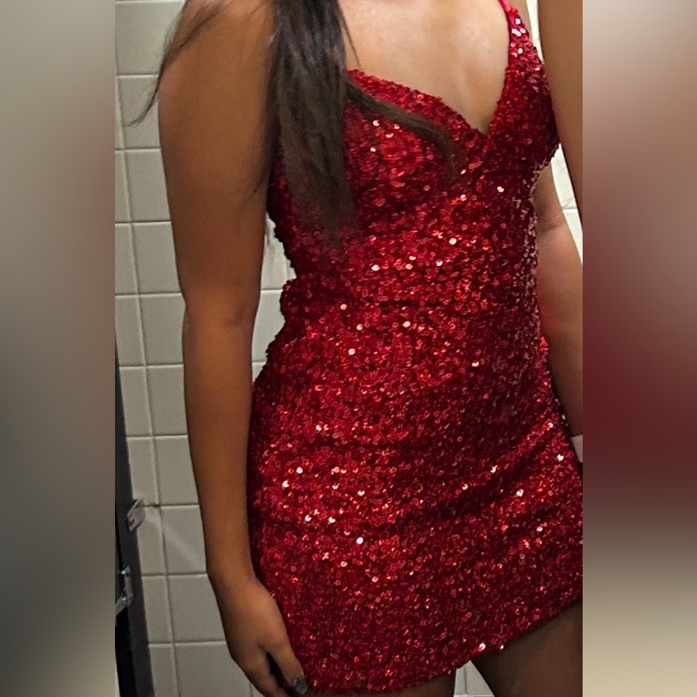 Red Sequin V-Neck Bodycon Mini Dress
